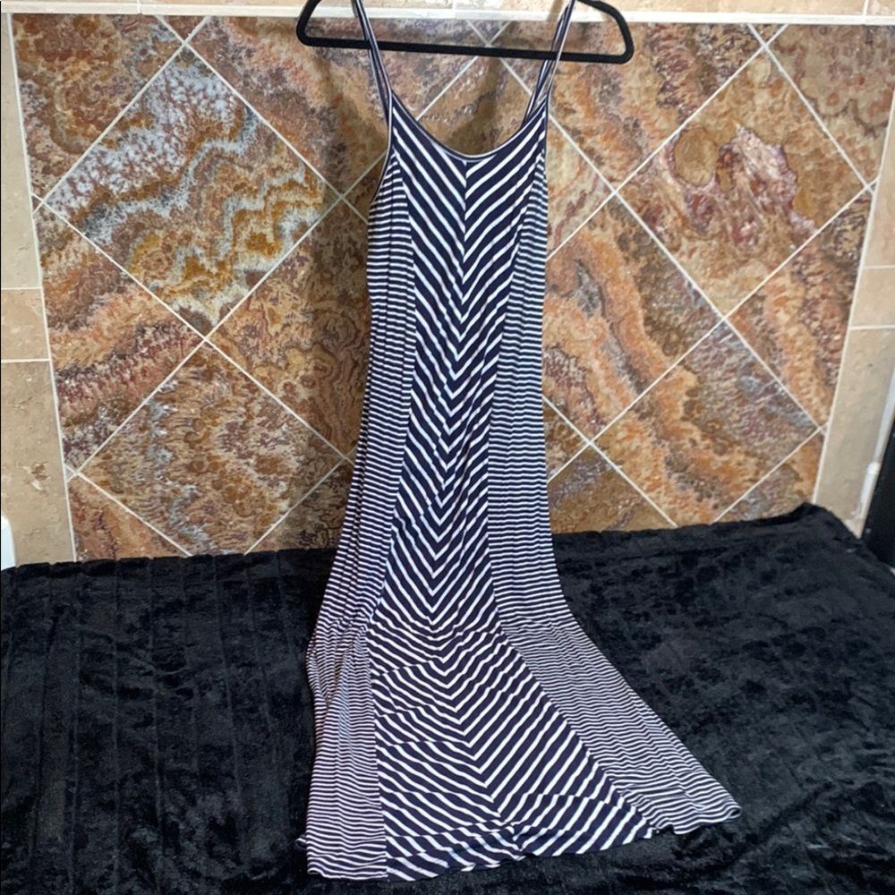 Women's Hem & Thread Blue and White Striped Maxi Dress with Spaghetti Straps Med